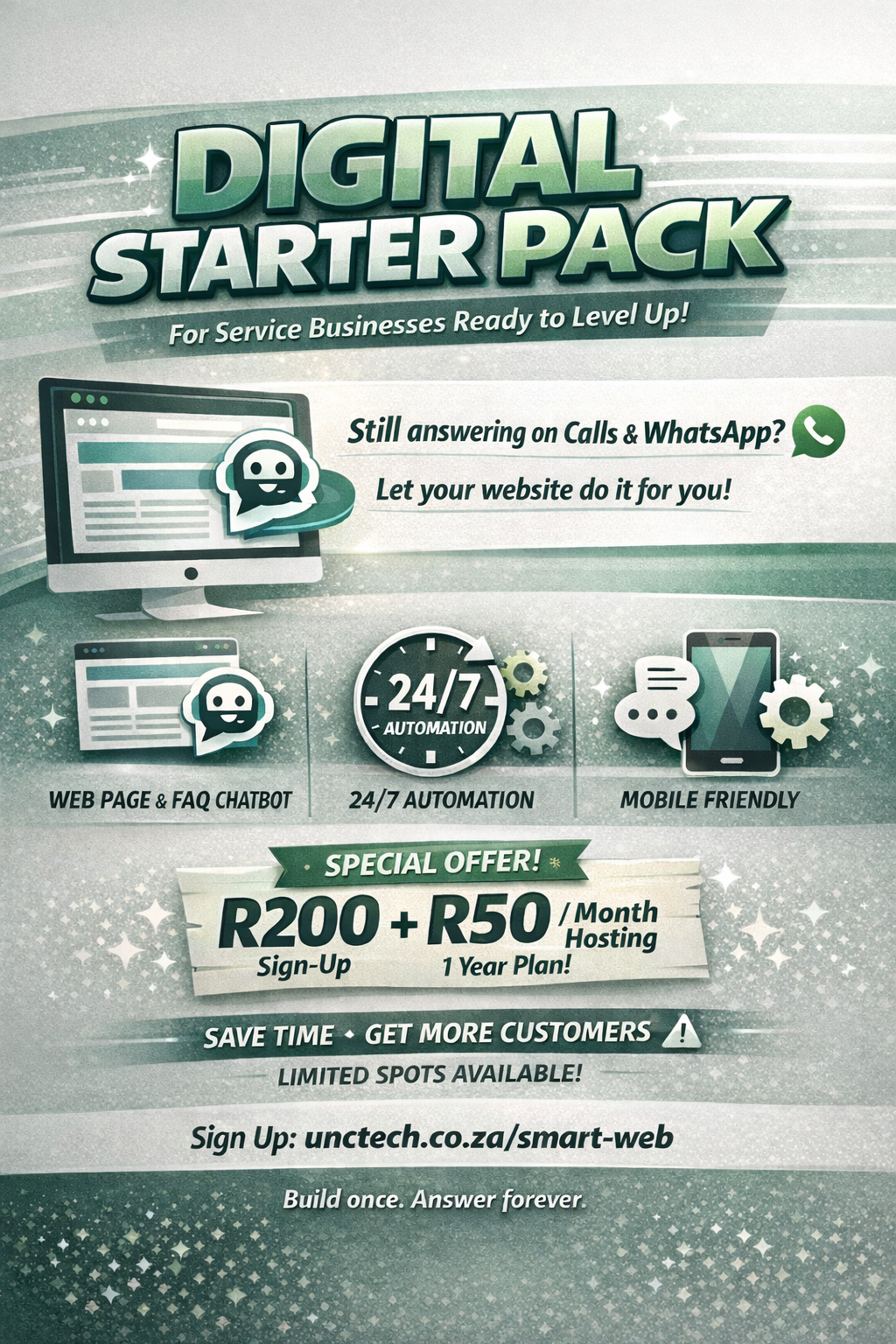 UNCTech Digital Starter Pack promotional flyer — R200 setup, R50/month